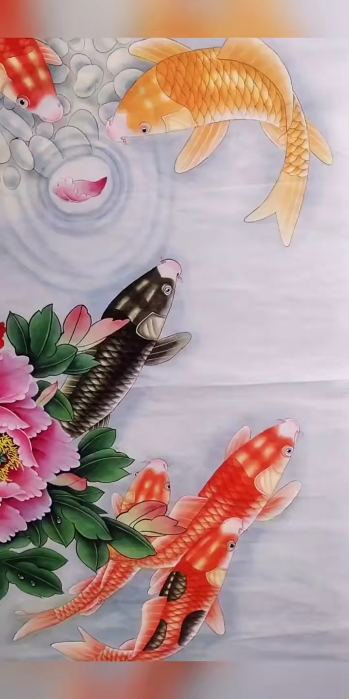 甘肃龙宝斋书画艺术#工笔作品九鱼戏水,花开富贵