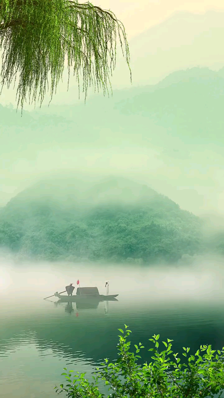 风景如画烟波江山一叶舟宛若仙境画中游寄情山水居世外凡尘扰事不相愁