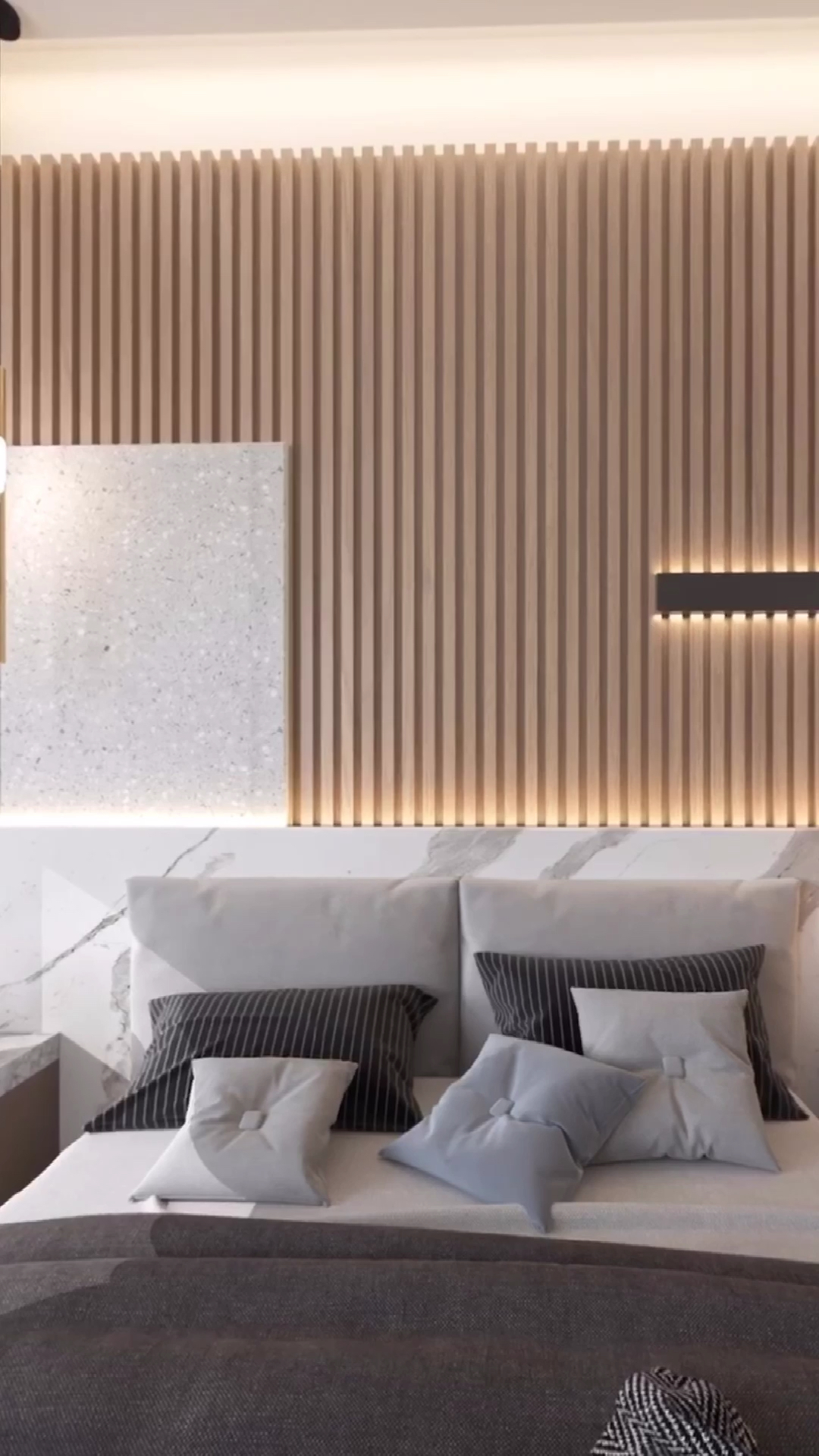 装修设计#木格栅床头背景墙配上白色石材,很时尚大气!-全民小视频