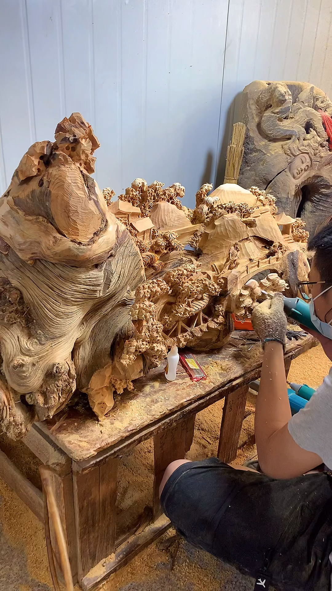 木雕制作过程#木雕山水人家根雕工艺品雕刻摆件