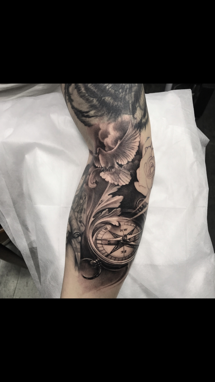 精雕刺青#写实花臂指南针玫瑰窗眼睛