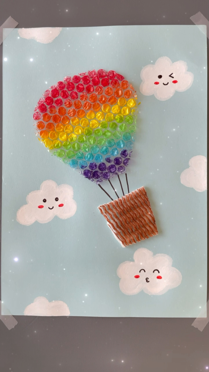 创意手工#气泡膜水果网画热气球