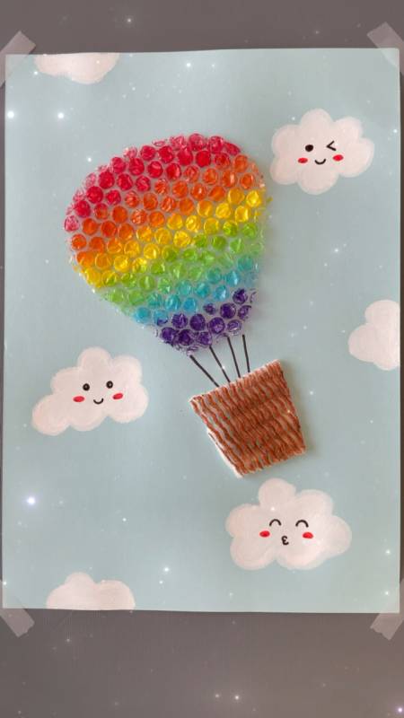 创意手工#气泡膜水果网画热气球