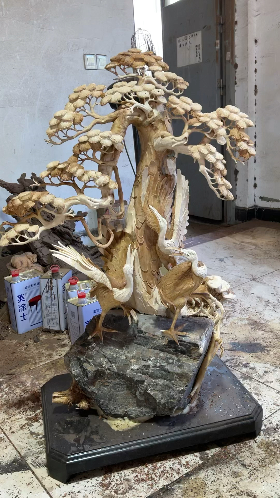 木雕制作过程#根雕松鹤延年