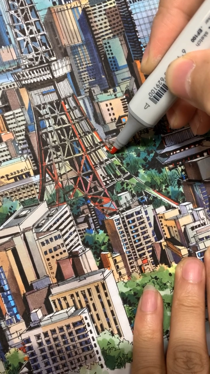 手绘#马克笔手绘日本东京塔《落日东京塔》治愈你了嘛-度小视