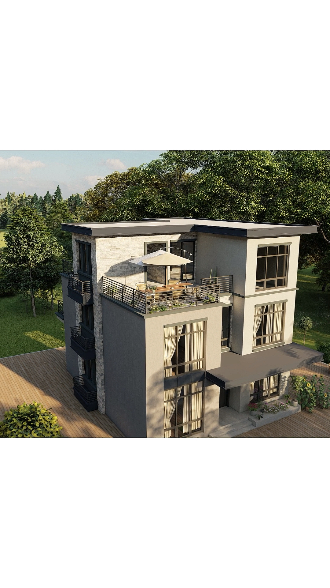 平顶的三层现代风别墅,别墅外观整体大气好看,内部布局实用,适合农村