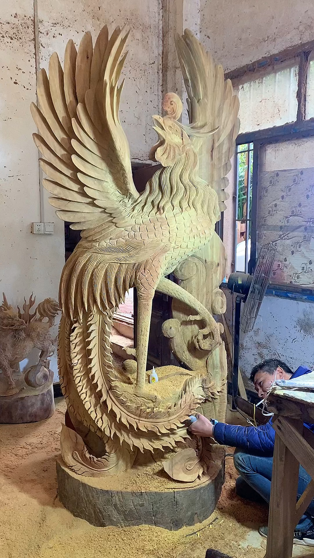 木雕制作过程#木雕凤凰根雕工艺品摆件