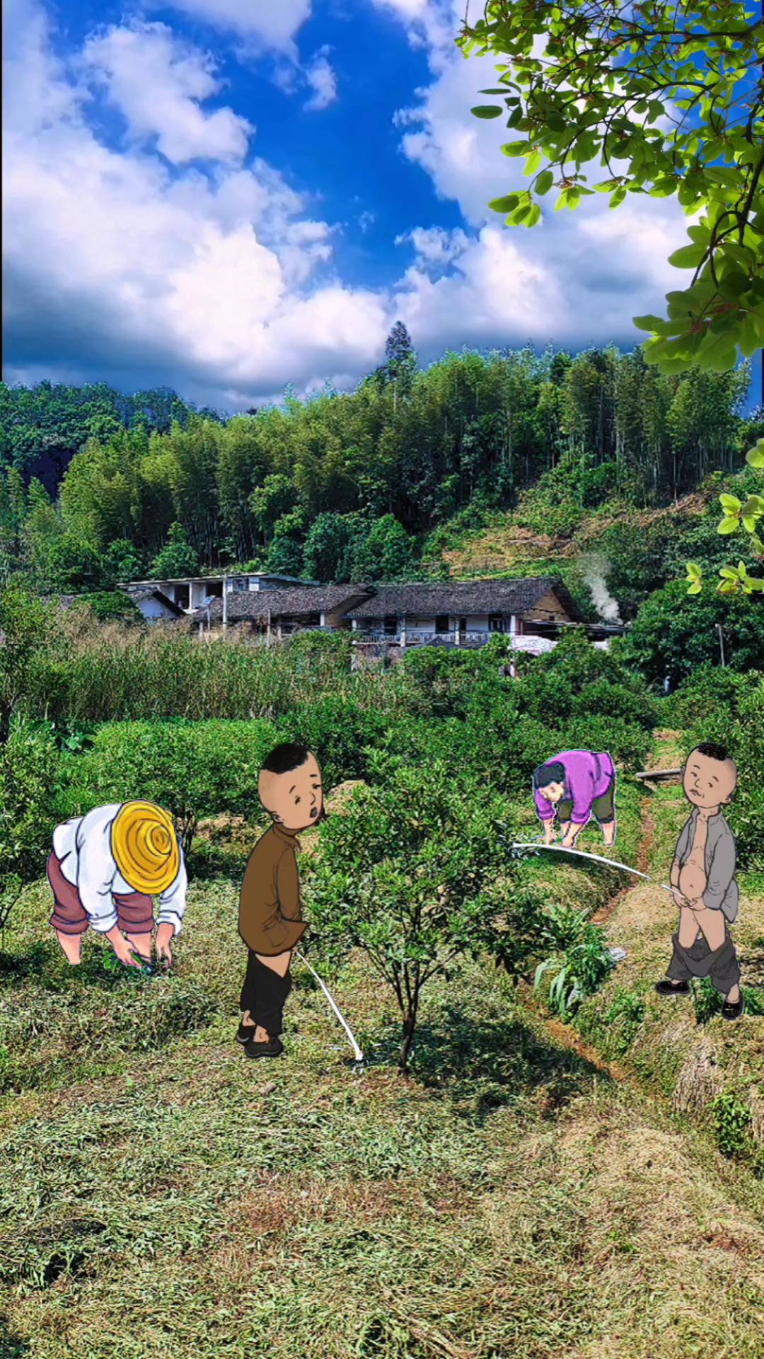 劳动最光荣#小时候父母在金桔地里除草,我们兄弟俩在对着一颗果树施肥