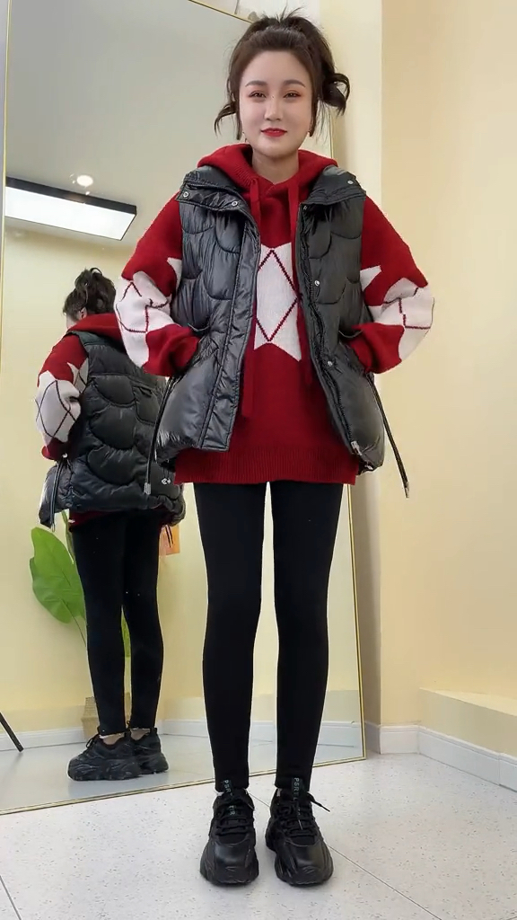 加厚绒外穿芭比裤保暖显瘦搭菱形拼色连帽毛衣