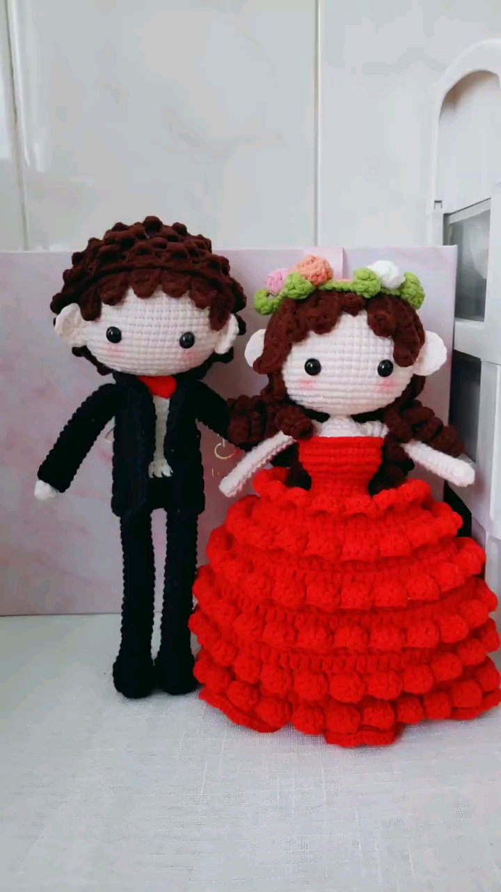 手工编织#钩针编织情侣娃娃,结婚娃娃.