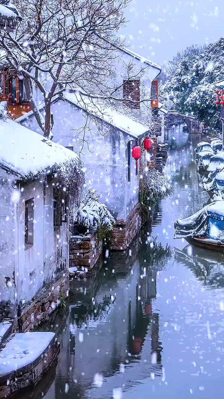 江南雪景#尘世三冬雪,半染江中舟,冬水已沉寂,怎敢渡情愁?