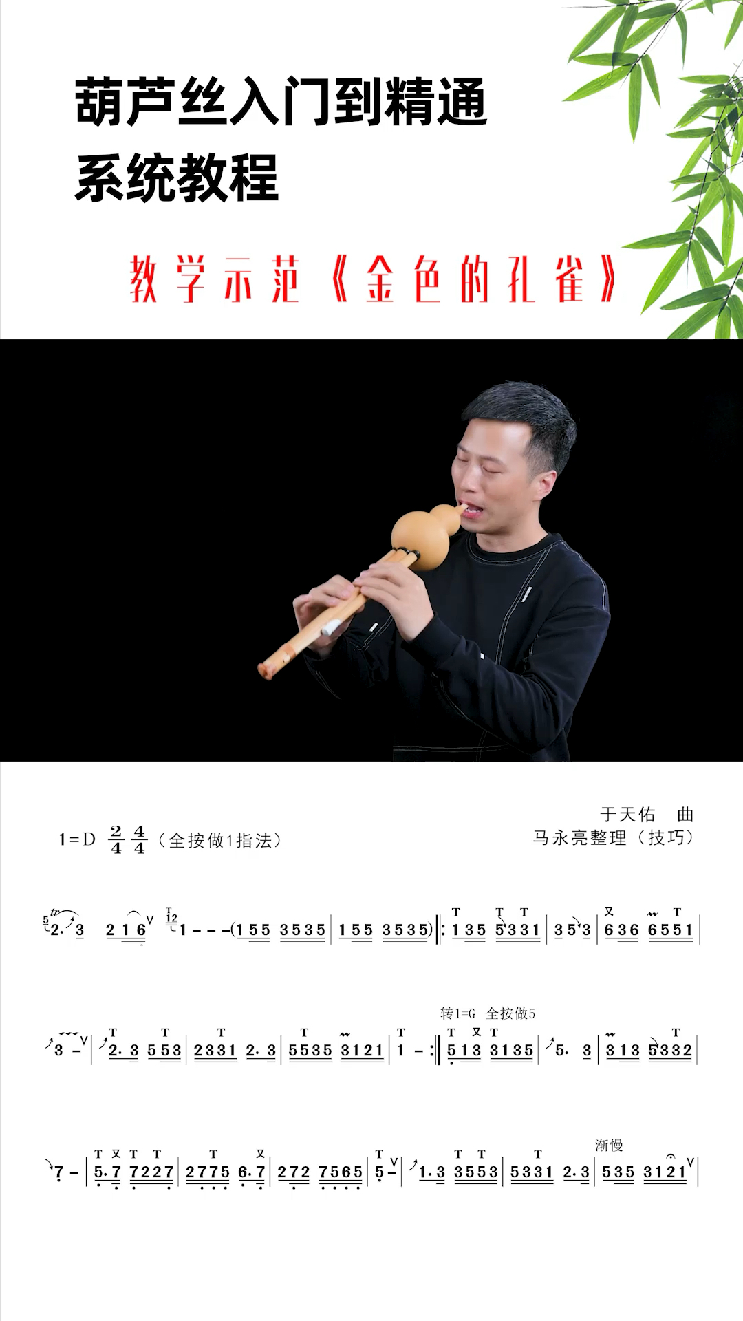 葫芦丝《金色的孔雀》动态技巧曲谱,教学示范:马永亮