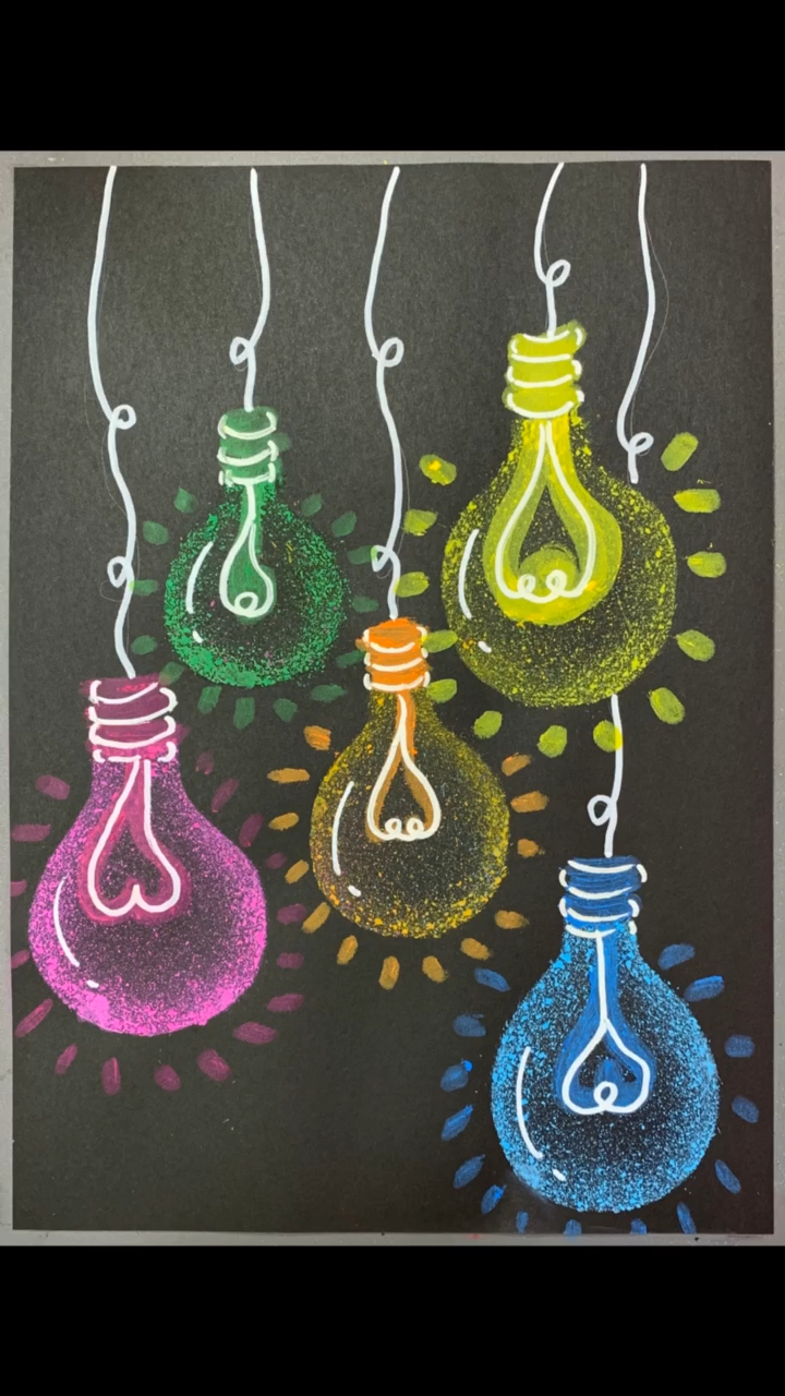 画一副黑夜里的彩色灯泡吧.用一把牙刷就能轻松画出效果哦.