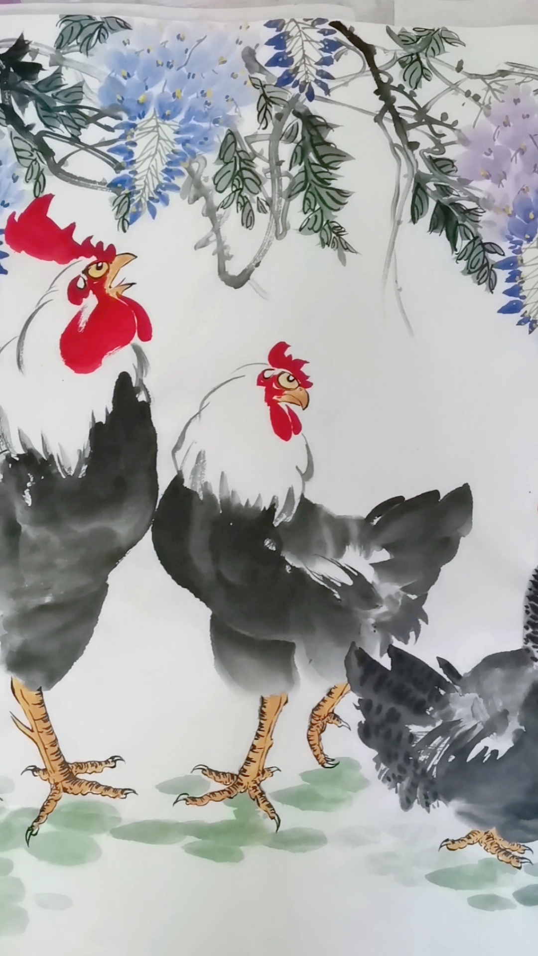 王兴民国画公鸡:五德图