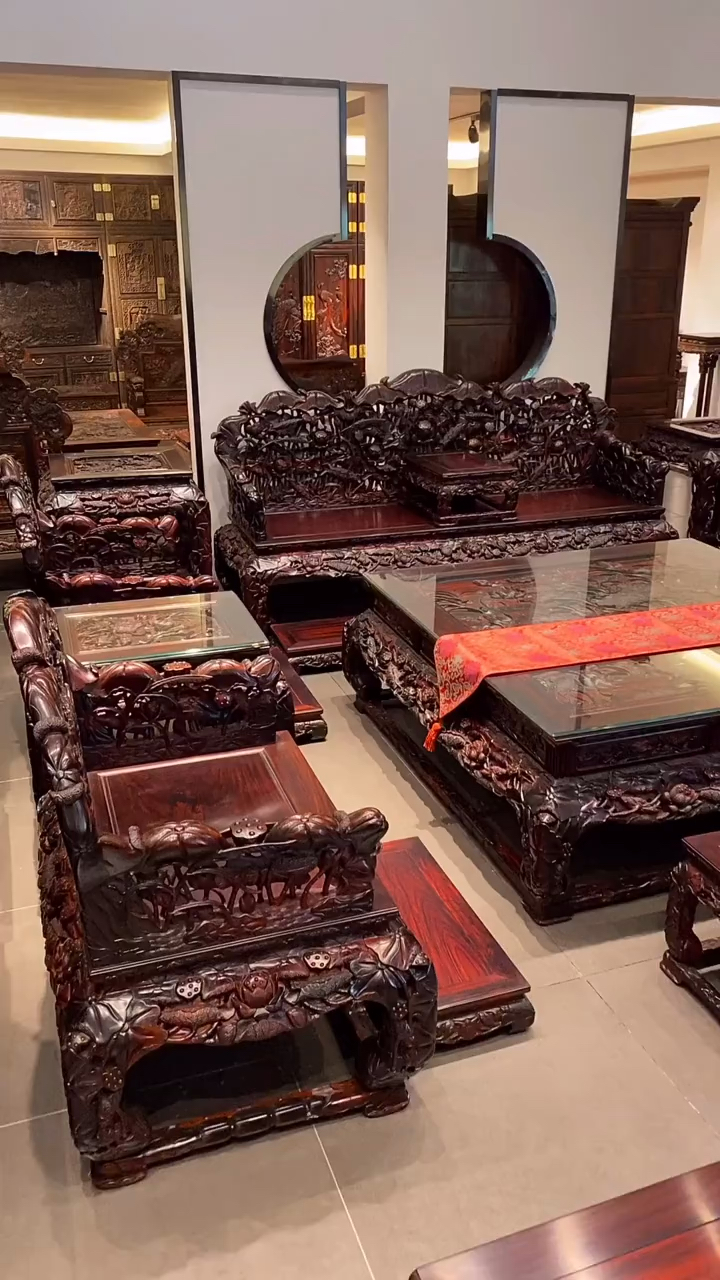 古典红木家具#顶级配置,荷花镂空大沙发