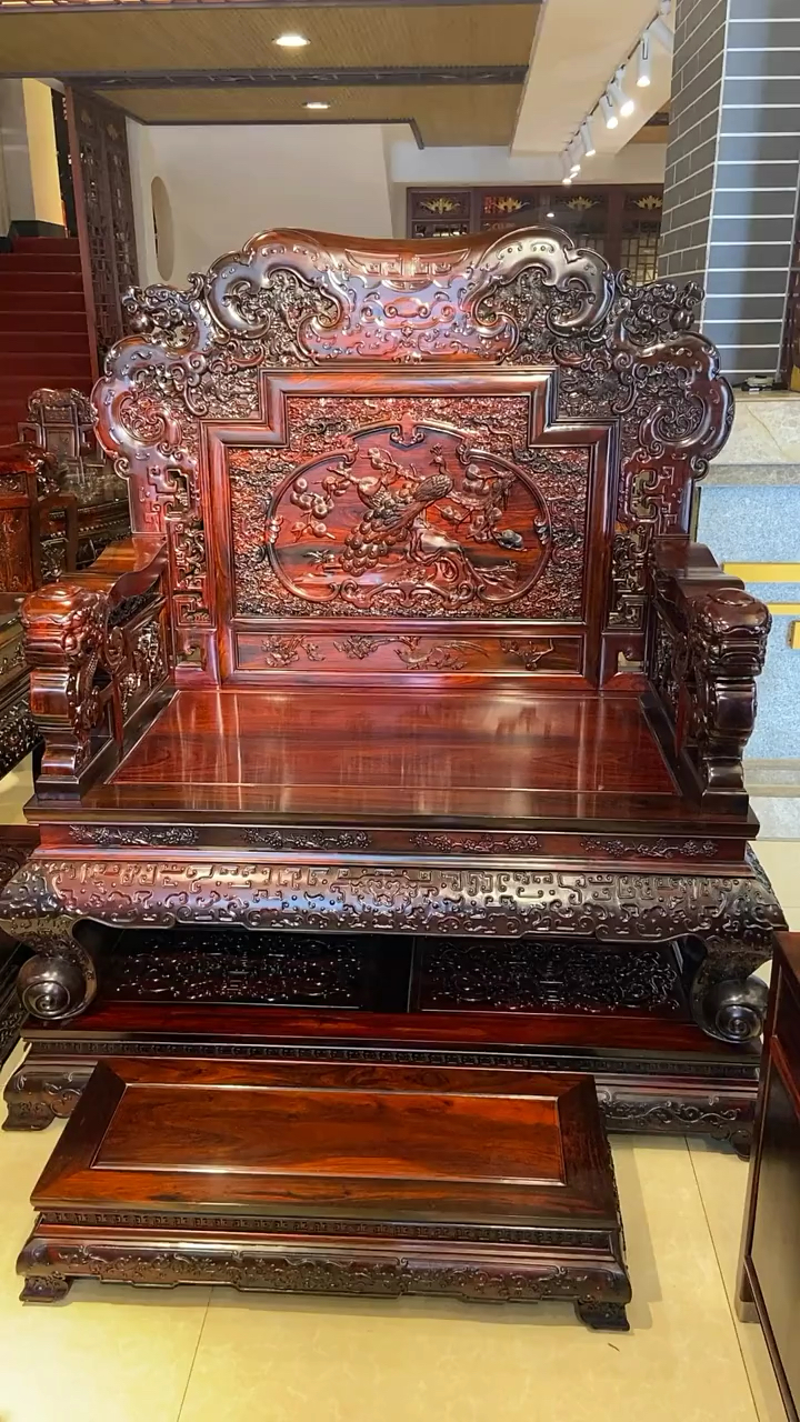 古典红木家具#大红酸枝新款孔雀霸气宝座沙发