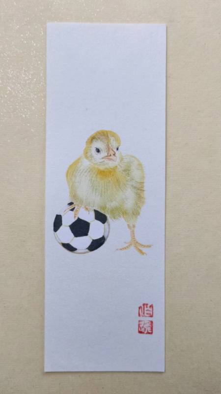 徐伯逸书画画一张足球小鸡书签