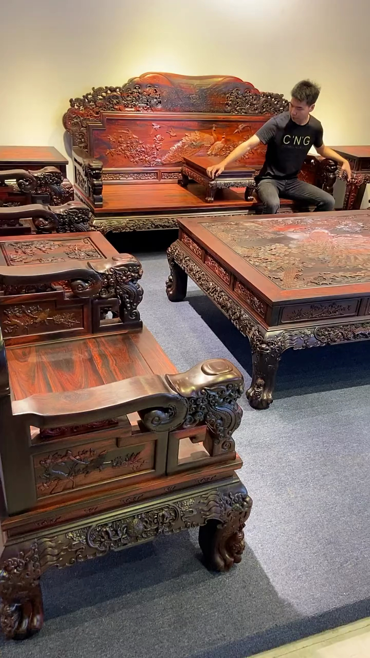 古典红木家具#虎脚雄狮款孔雀开屏大沙发