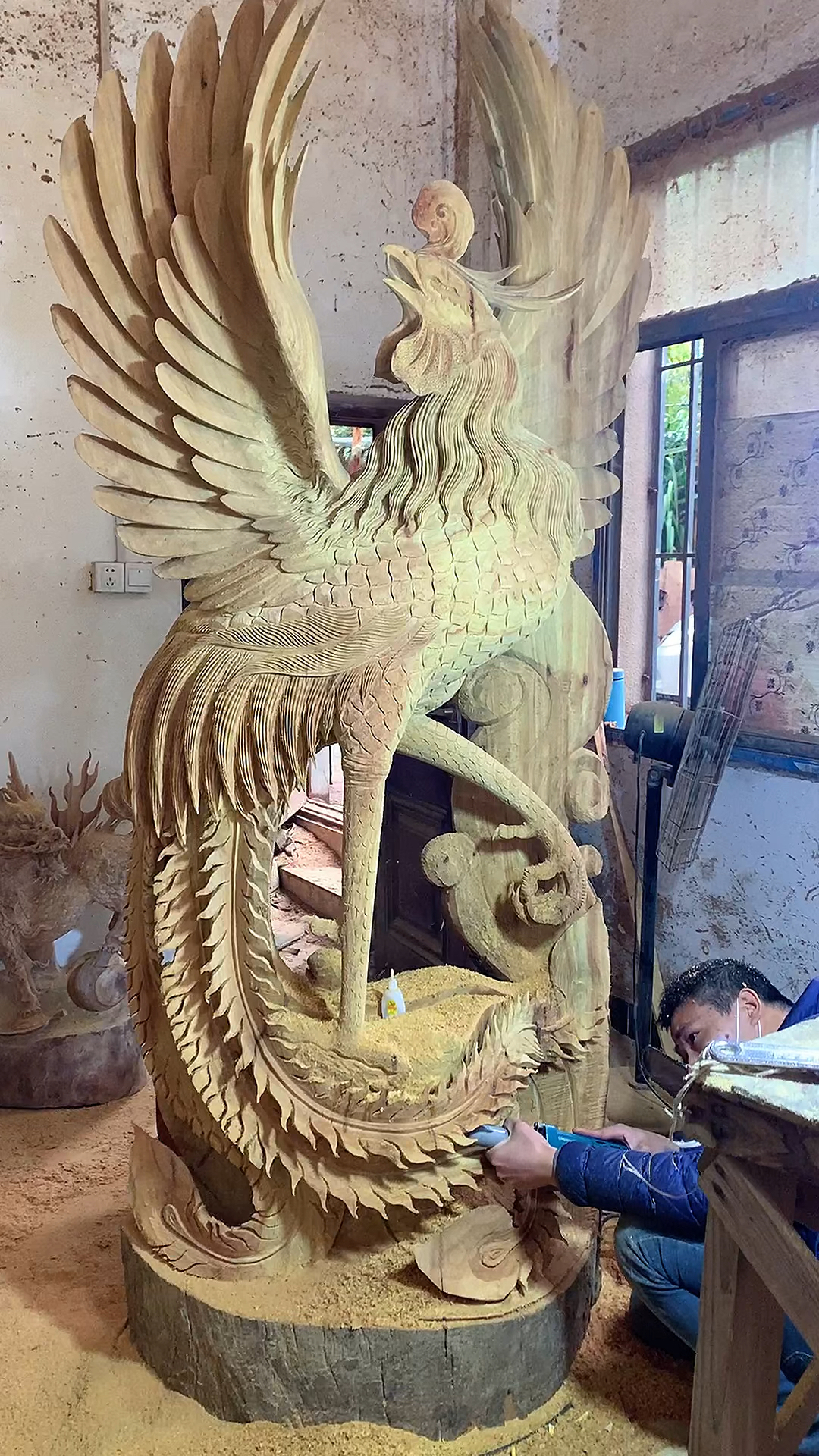 木雕制作过程#木雕火凤凰根雕招财工艺品摆件