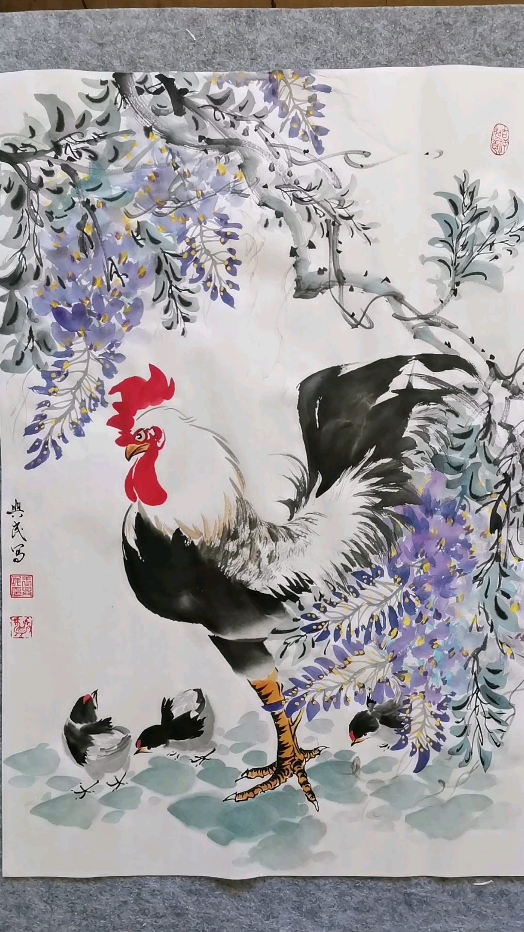 王兴民国画公鸡:紫藤花与公鸡