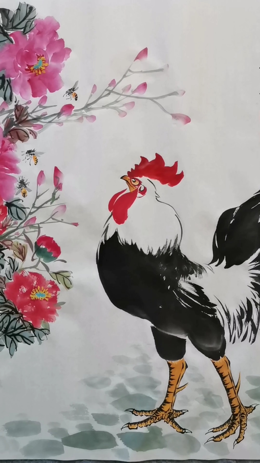 王兴民国画公鸡:牡丹与公鸡,富贵大吉