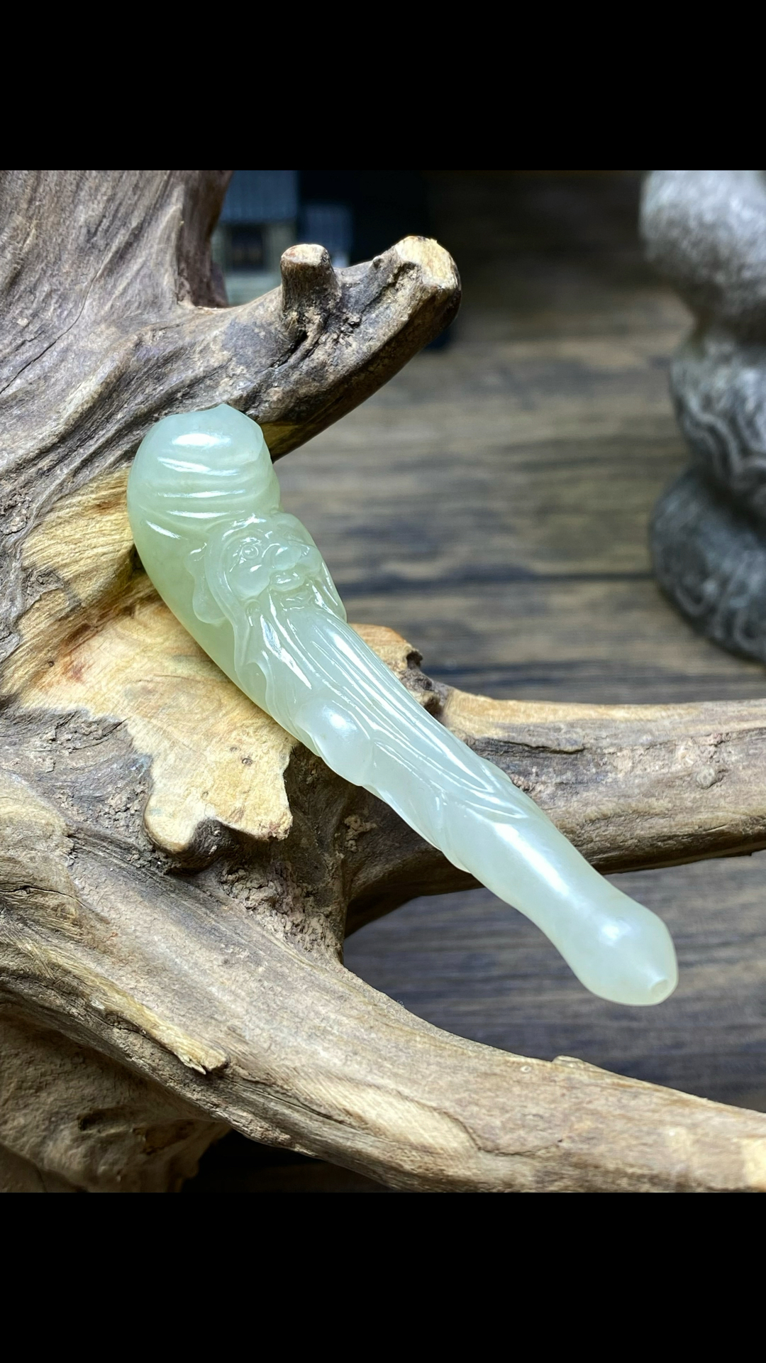 和田白玉#和田白玉翠青《寿星》烟斗尺寸:69.6/14.4/21.3mm