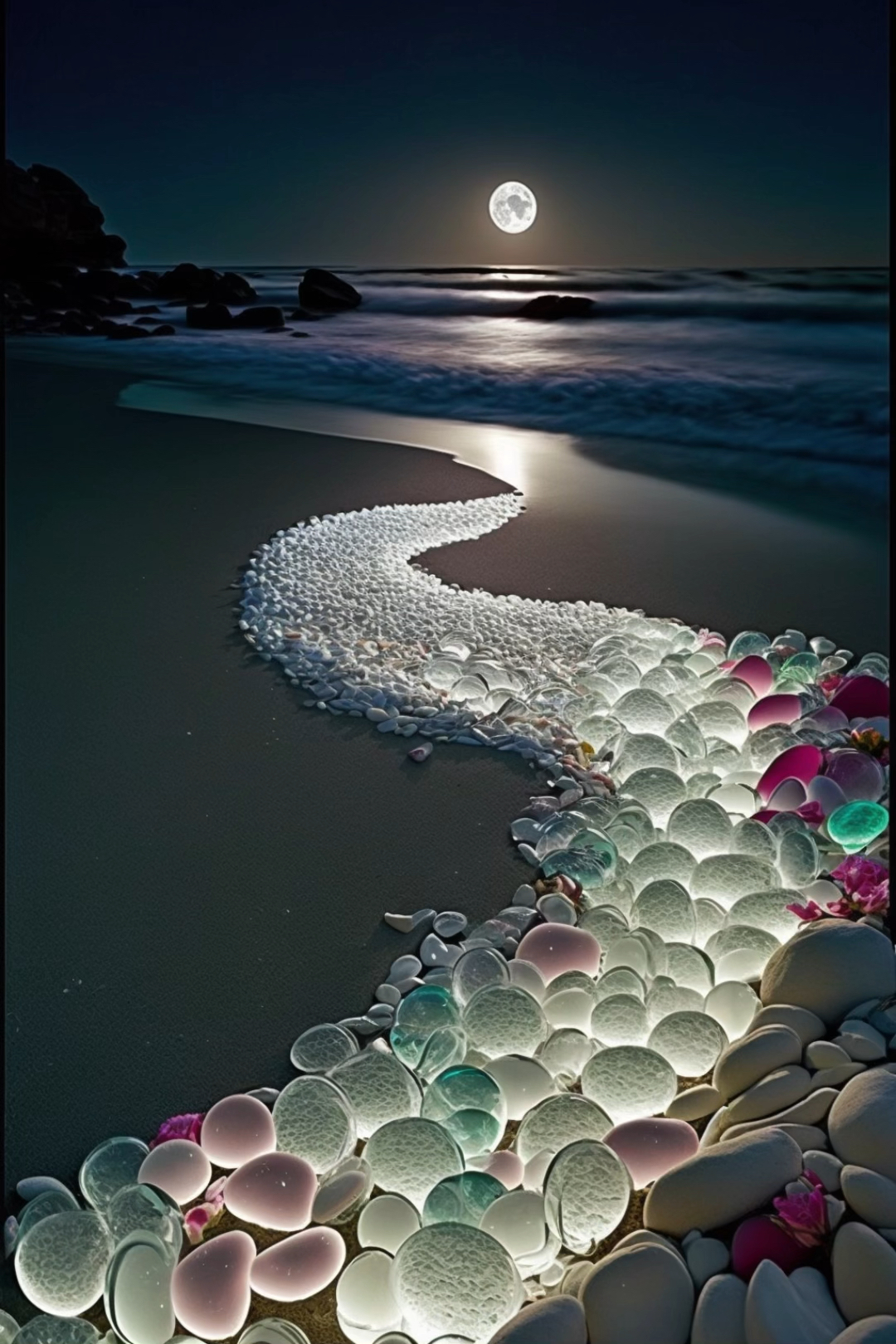 手机壁纸#夜晚的月光把海滩上的鹅卵石照得透亮-度小视