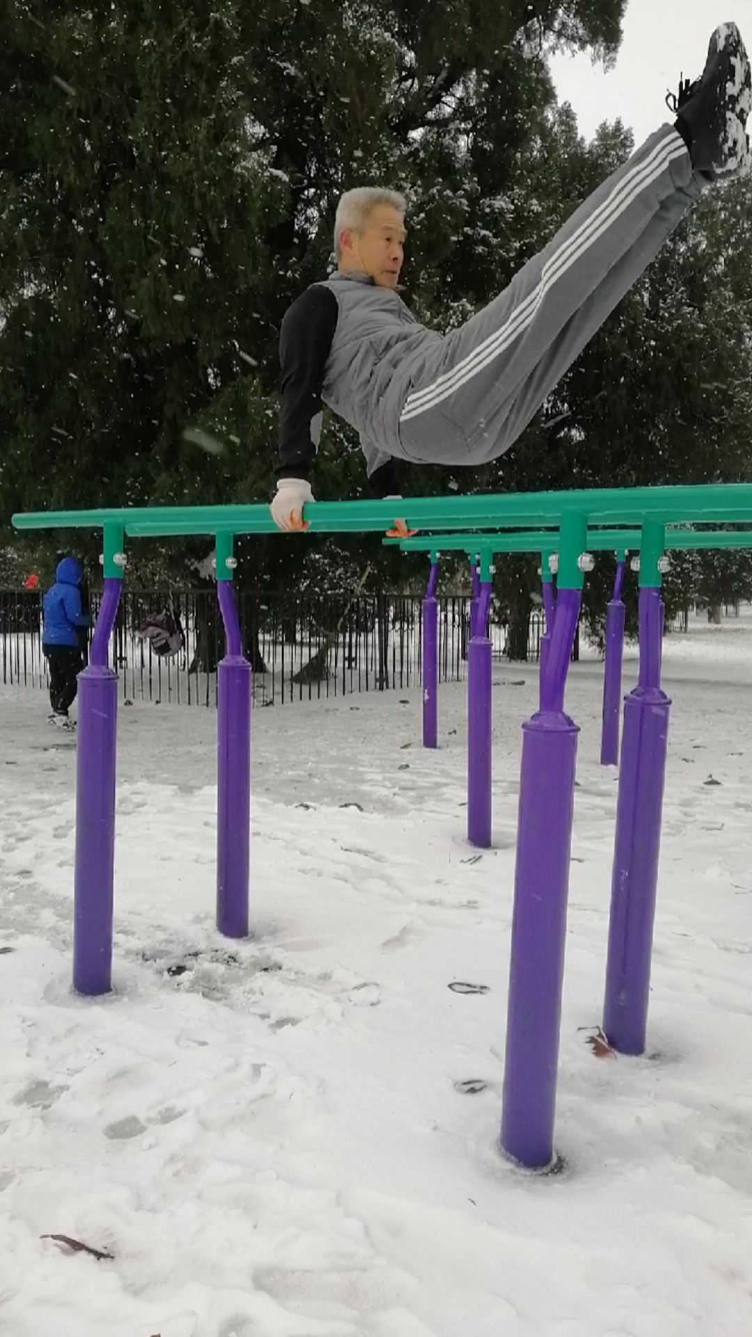 宝剑锋自磨砺来大爷冰天雪地练双杠