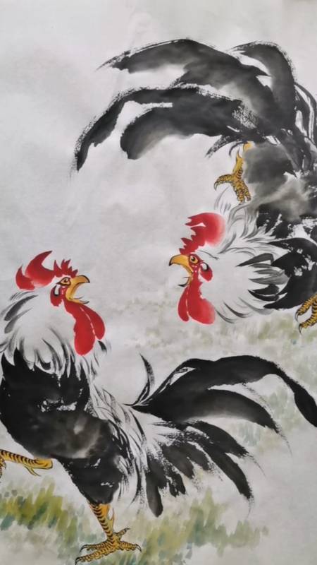 王兴民国画公鸡:斗鸡图,公鸡中的战斗机
