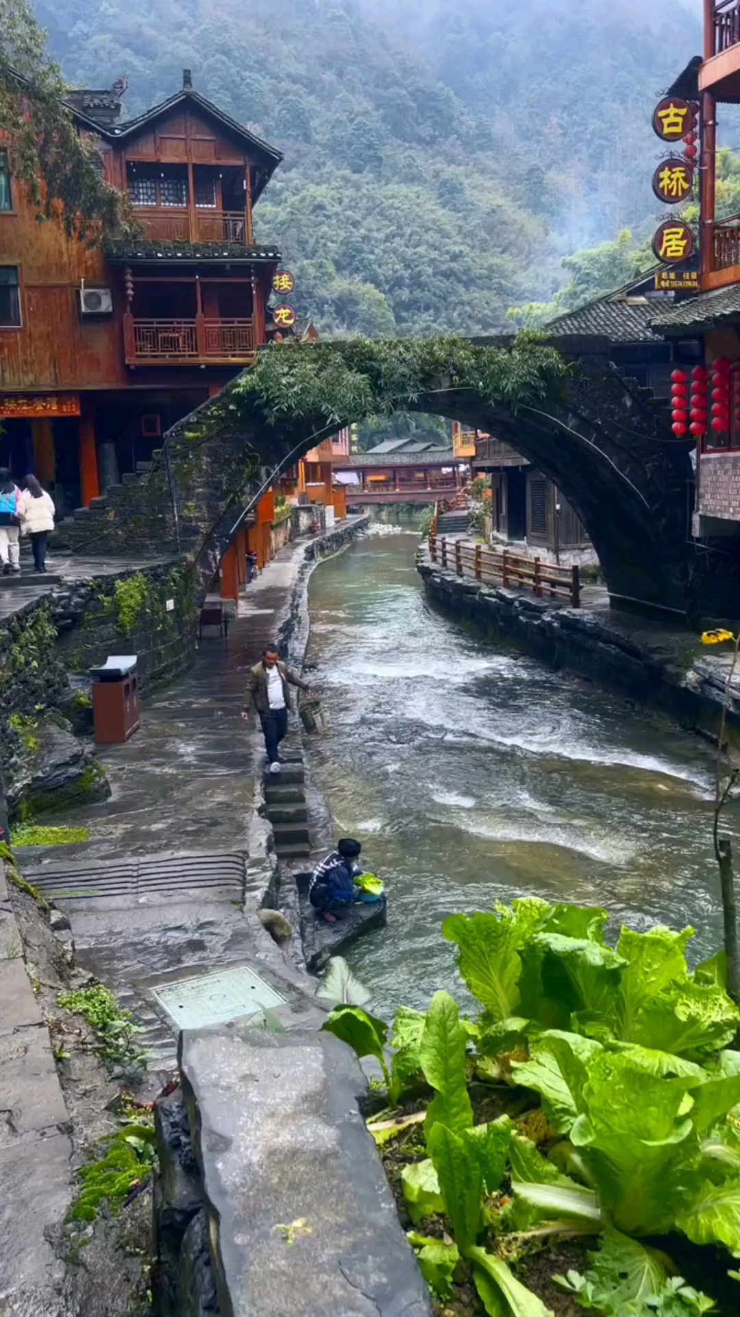 湘西矮寨奇观旅游区小桥流水乡村人家仙境云雾画中意境