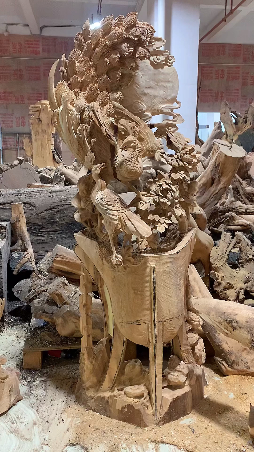 木雕制作过程#木雕工艺品花开富贵根雕摆件