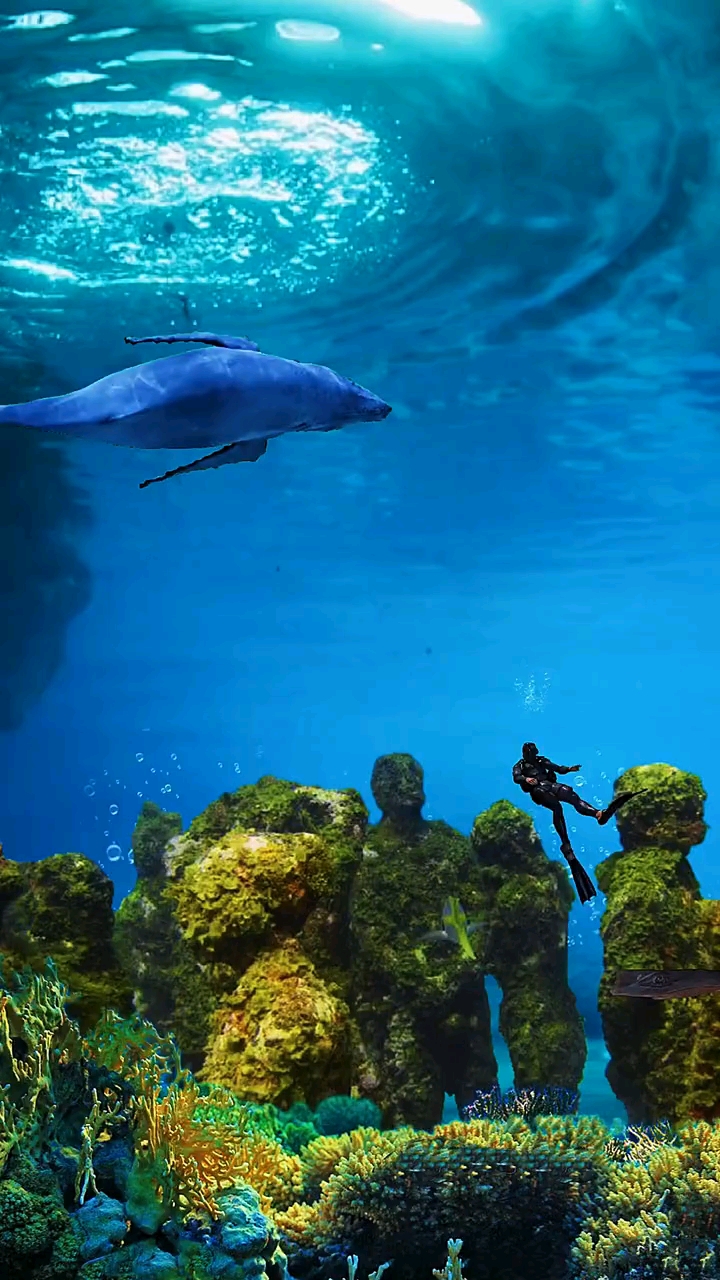 水下摄影#神秘海底惊现一群人像,一只鲸鱼在他们头顶上盘旋不愿离开