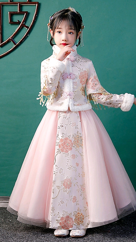 汉服襦裙儿童古风公主裙长袖加厚粉色唐装两件套中国风唐装