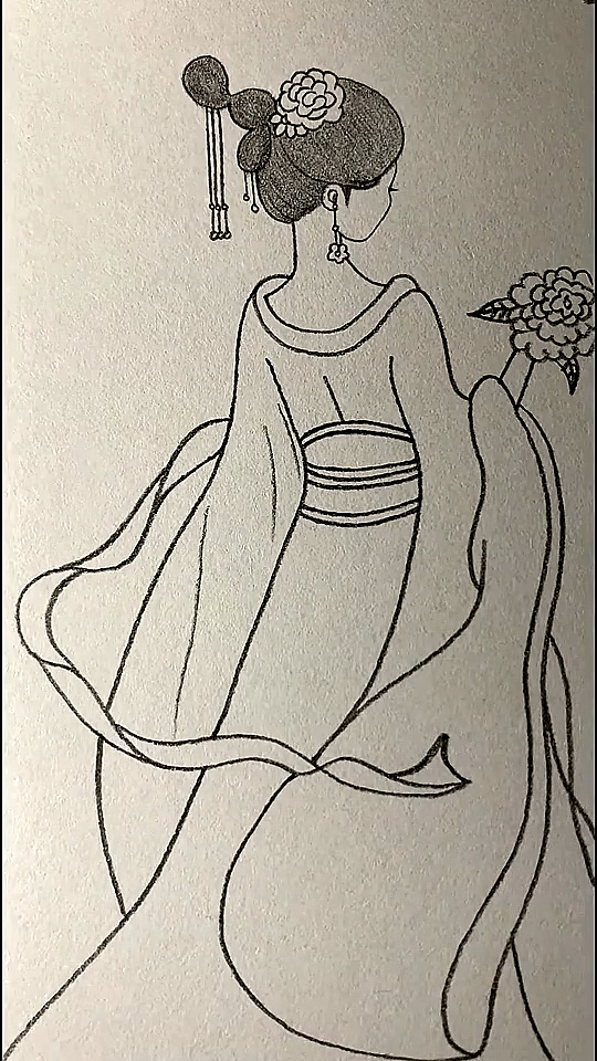 简笔画画手拿鲜花的古风美人