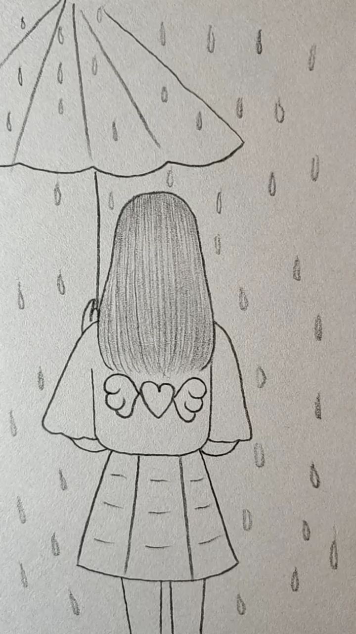 画雨中的女孩背影