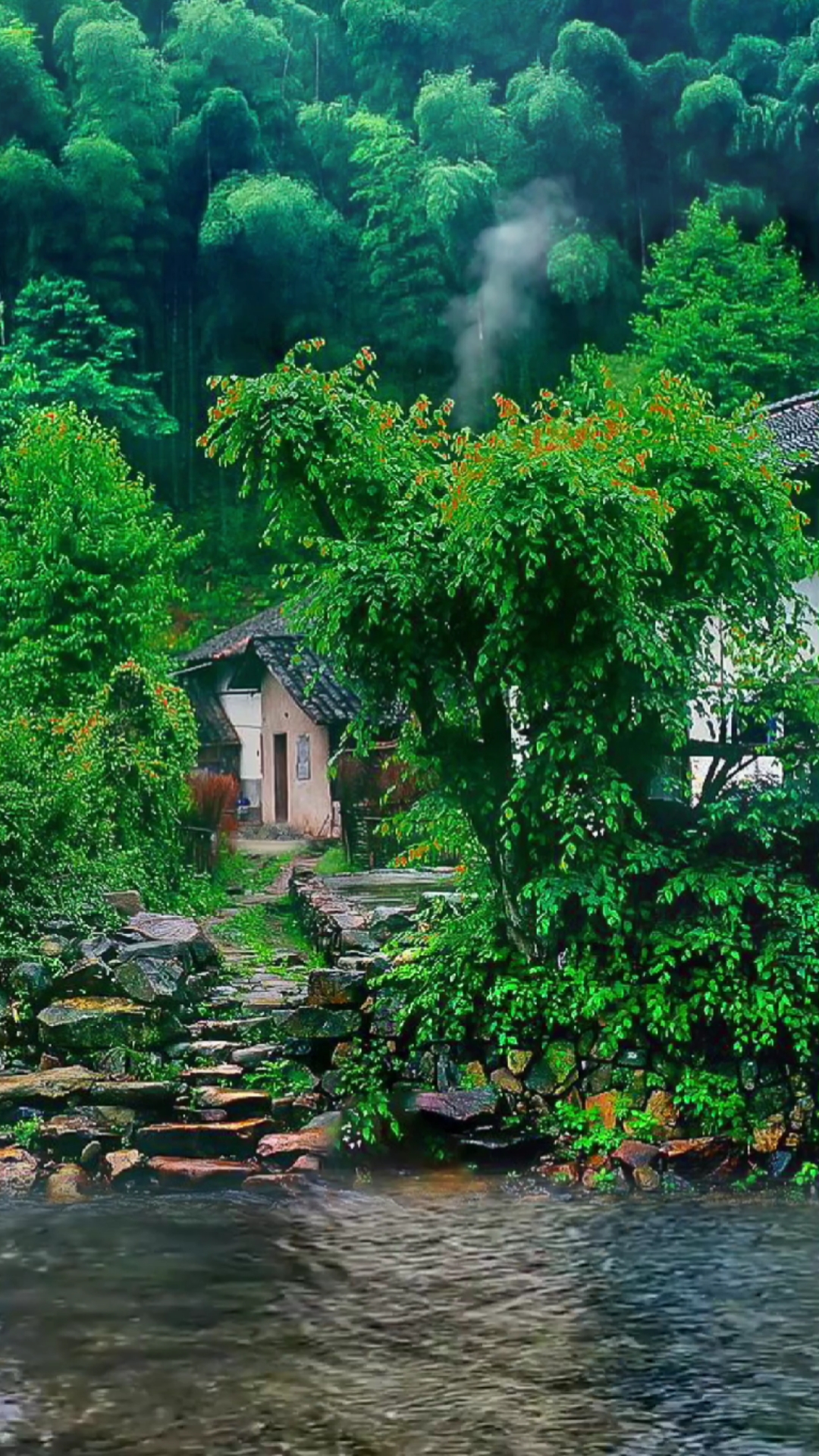 流水潺潺邀远客,鸟鸣声声醉来人,隐居深山离俗世,与世无争度平生.