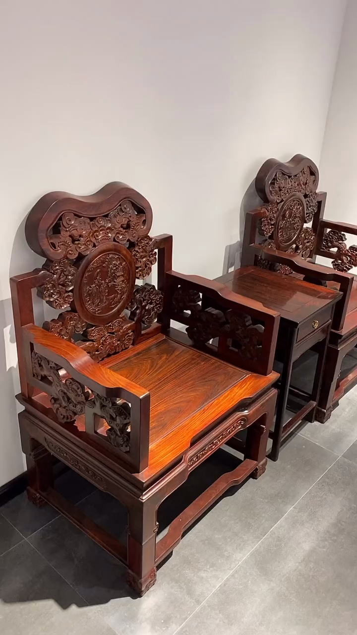 古典红木家具大红酸枝老料灵芝中堂十二件套