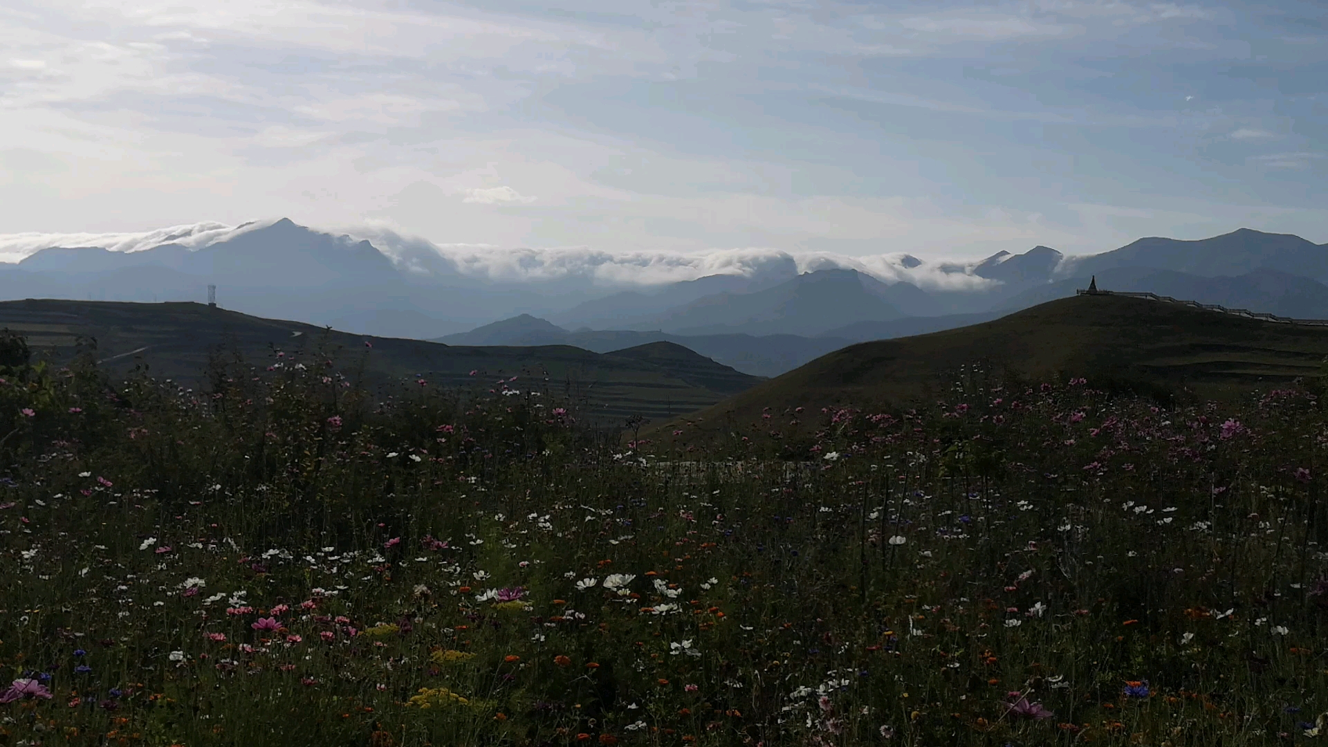 甘南州冶力关岗沟村观莲花山云雾缭绕,白石山雄伟壮丽.