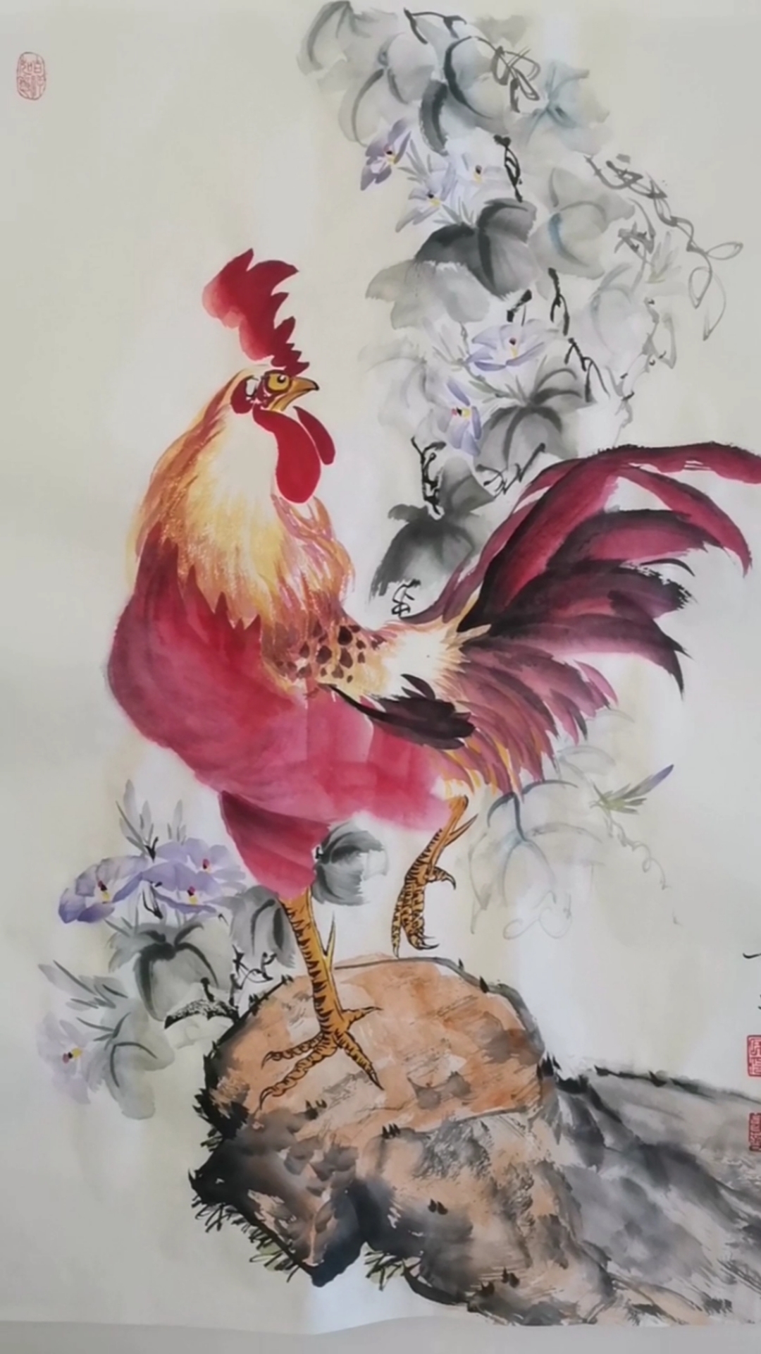 国画#王兴民国画公鸡:红公鸡,中国红,国庆节创作喜欢的点赞