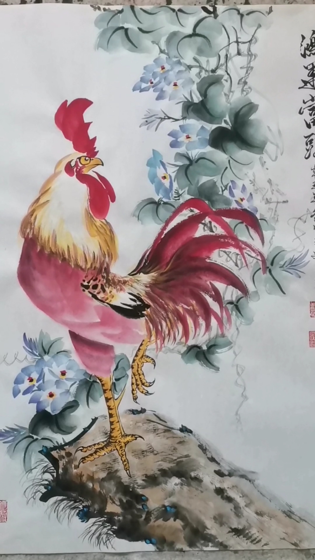 王兴民国画公鸡:大红公鸡身披红袍,红红火火,鸿运当头-度小视