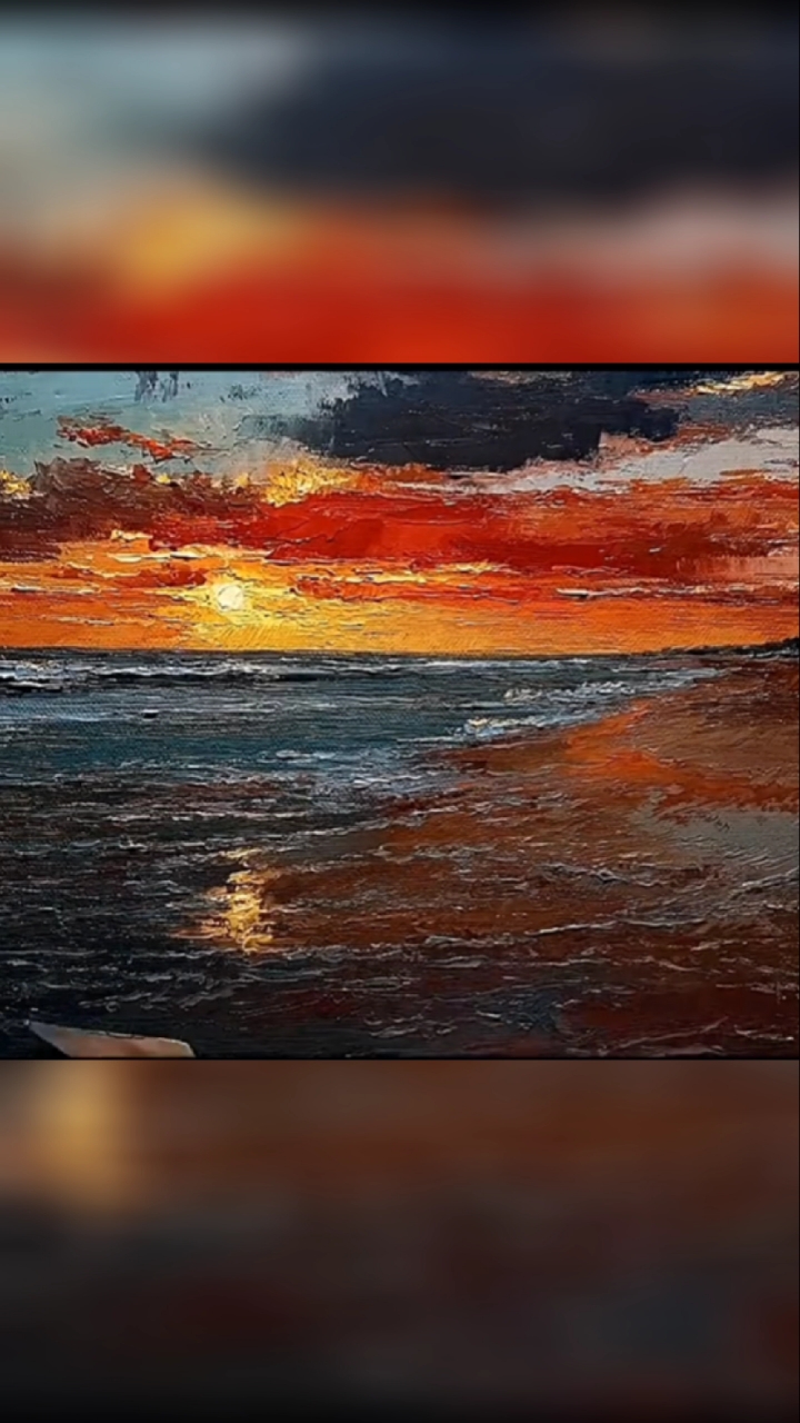 刮刀下的晚霞油画作品色彩好棒啊