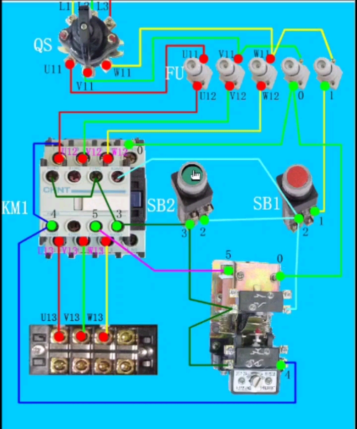 电工接触器延时启动实物接线图