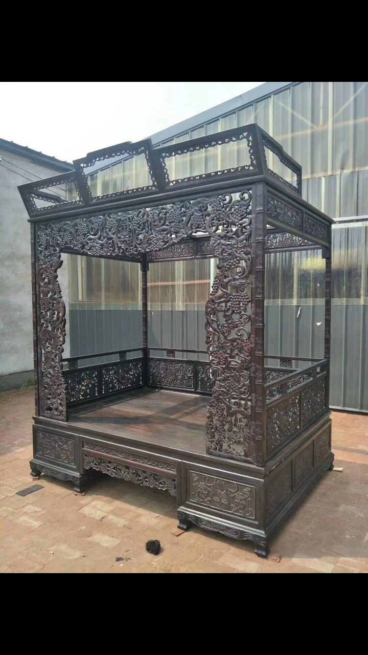 老古董小叶紫檀多子多福架子床高浮雕镂空满金星牛毛纹清晰卯榫结构