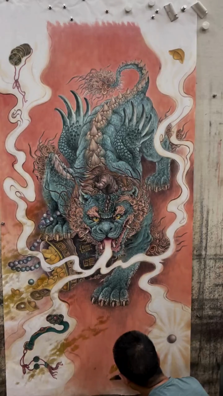 貔貅吸纳八方财工笔创作现场,六尺整张