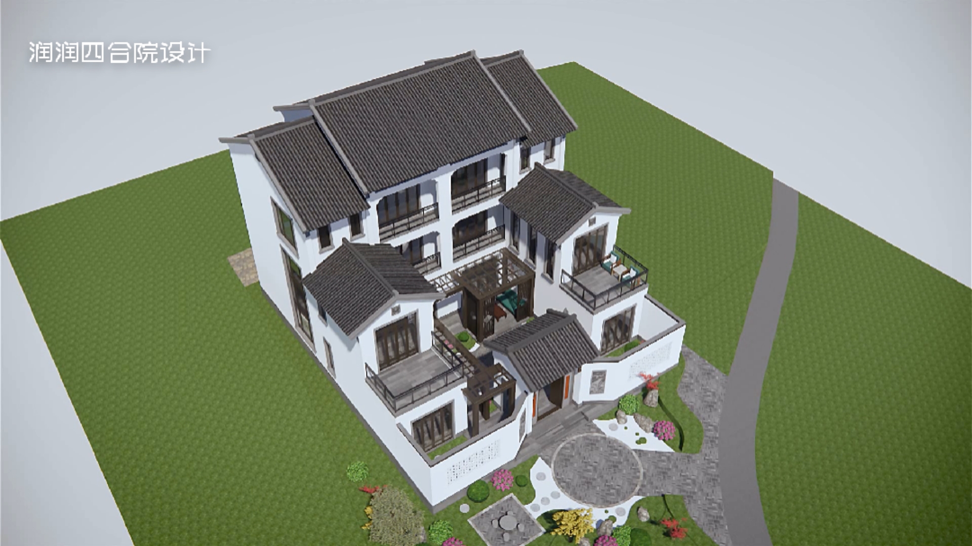 兄弟双拼建现代中式四合院,每家独立入户,共享花园广场庭院停车场