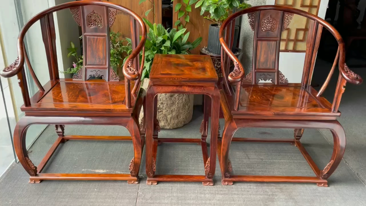 古典红木家具#极品纯紫油梨独板皇宫椅三件套
