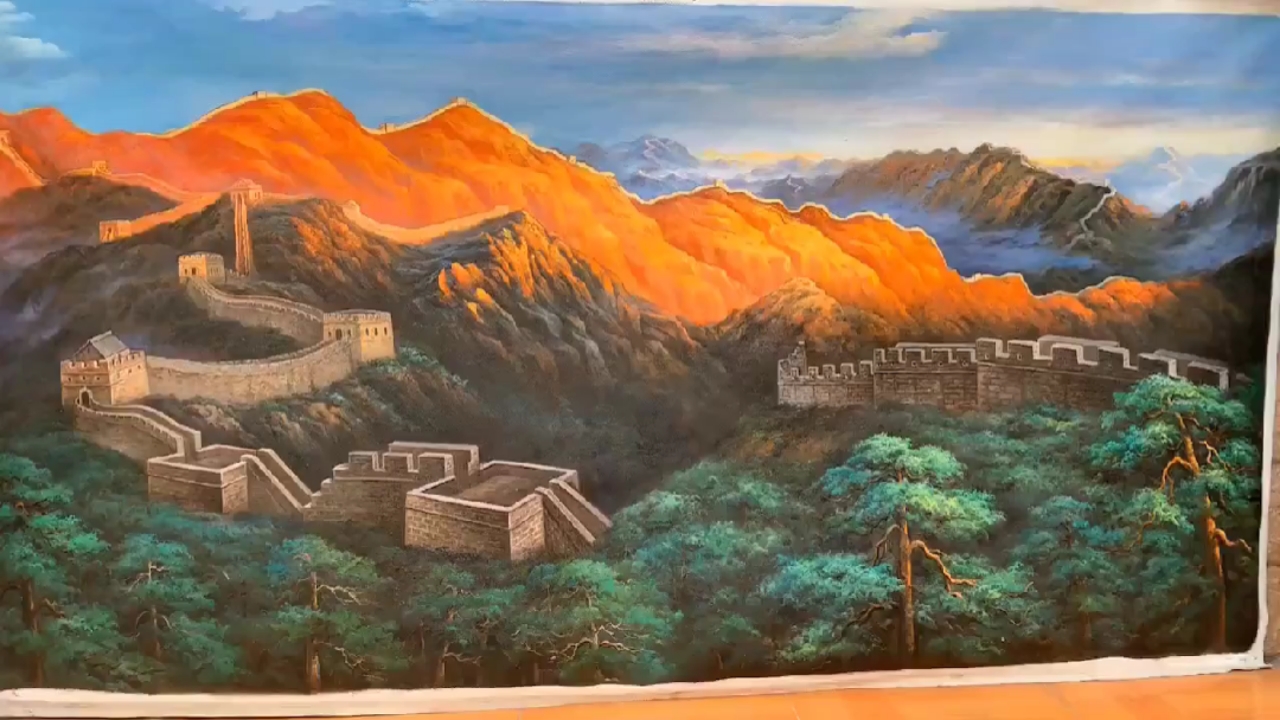 甘肃龙宝斋书画艺术#原创精品油画110x260cm《金山岭晨光》