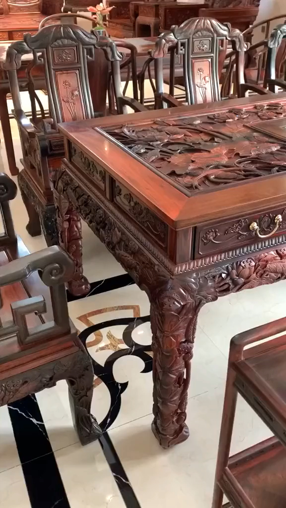 红木古典家具老挝大红酸枝荷花茶桌