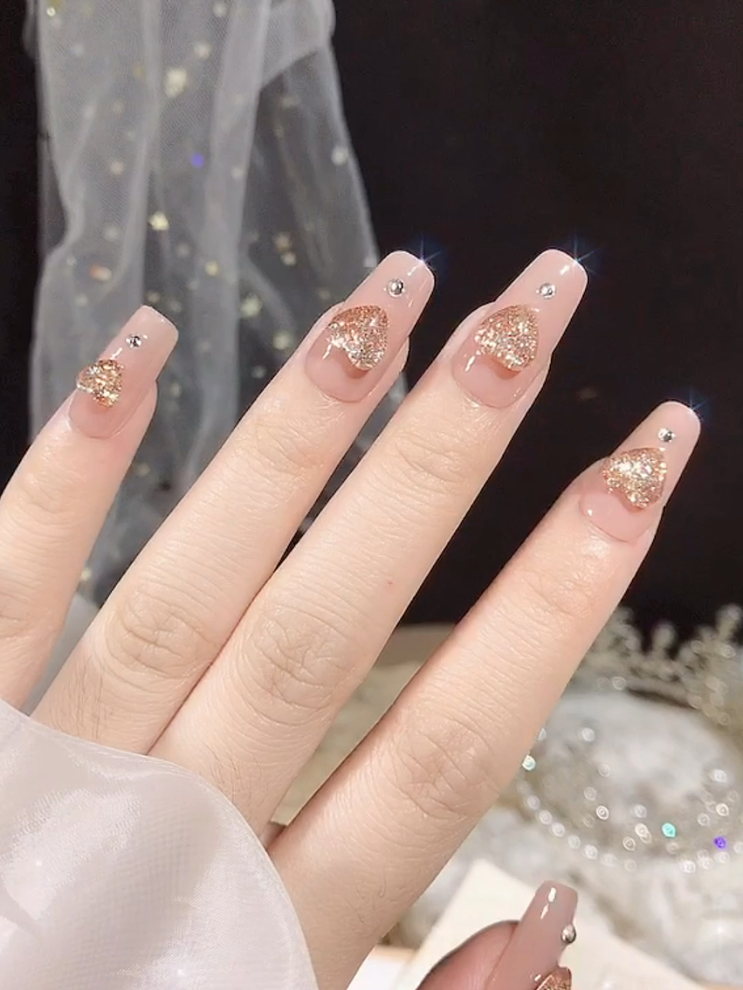 美甲#透明立体水晶爱心饰品美甲