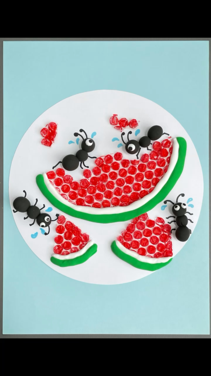 创意儿童画#气泡膜画的蚂蚁搬西瓜,快试试吧.-度小视